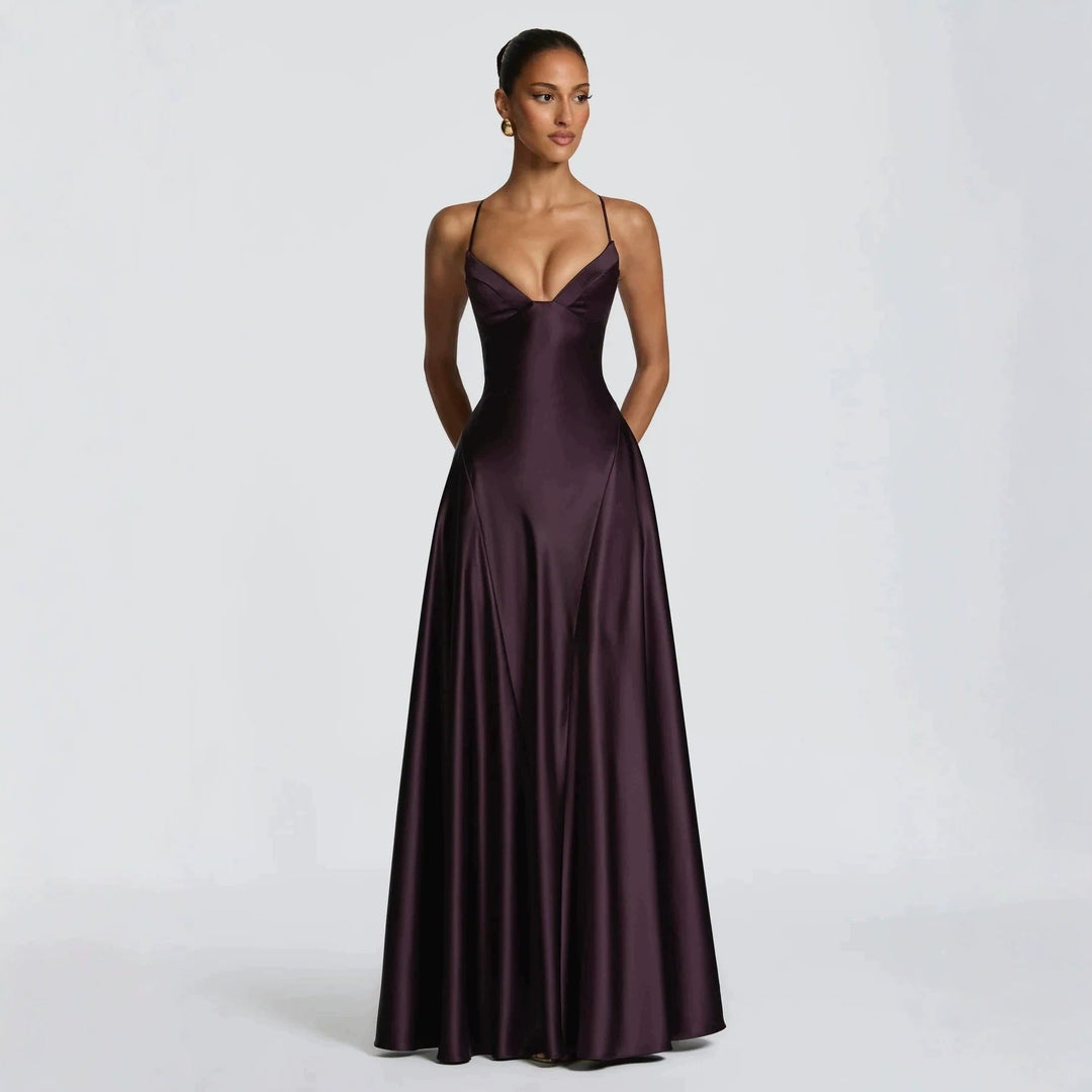 Damen elegantes Satin-Maxikleid mit raffinierten Spaghettiträgern Drune