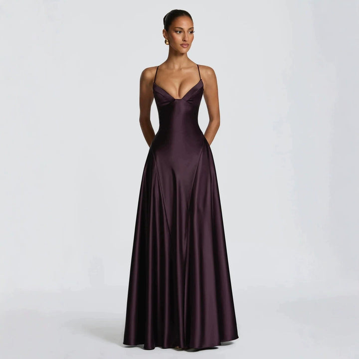 Damen elegantes Satin-Maxikleid mit raffinierten Spaghettiträgern Drune