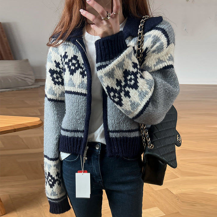 Damen Strickjacke mit floralem Muster und komfortablem Stehkragen Drune