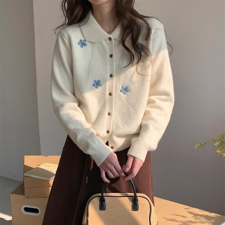 Damen Strickjacke mit floralen Applikationen und klassischem Kragen Drune