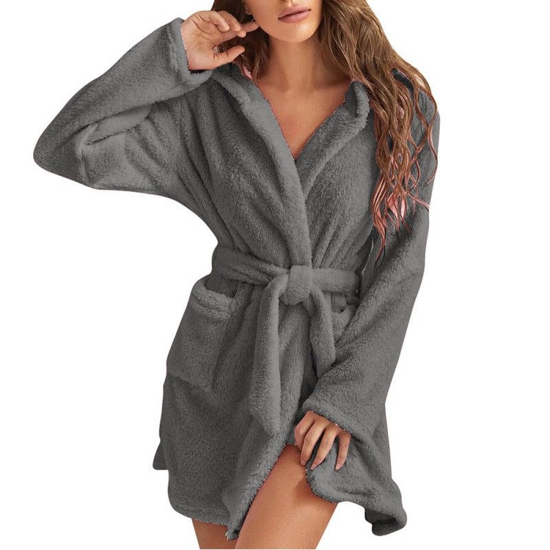 Damen Kuscheliger Fleece-Bademantel mit Kapuze und Taillengürtel Drune
