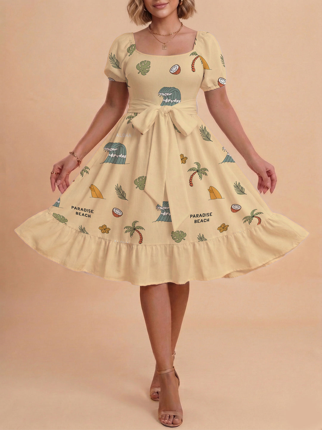 Damen A-Linien-Kleid mit floralen Motiven und taillierbarem Gürtel Drune