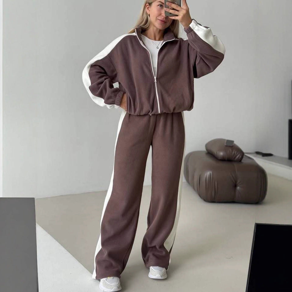 Damen sportlicher Fleece-Jogginganzug mit hohem Kragen und seitlichen Streifen Drune