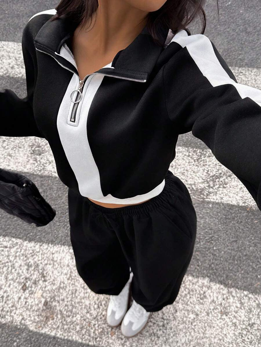 Damen Sportlicher Cropped-Hoodie und lässige Jogginghose Set Drune