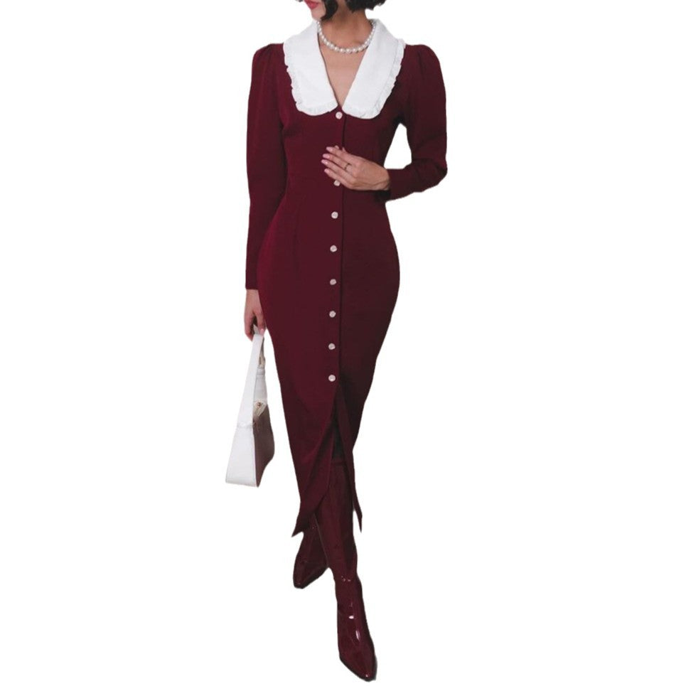 Damen Elegantes Maxikleid mit kontrastierendem Kragen und Knopfdetails Drune