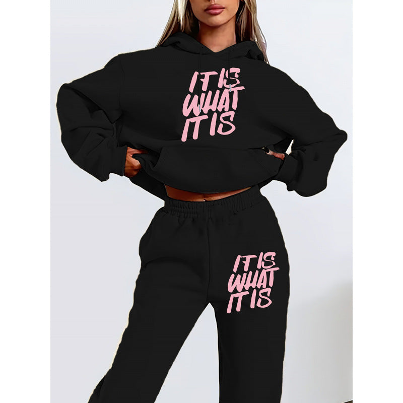 Damen Freizeit-Hoodie und Jogginghose Set mit inspirierendem Schriftzug Drune