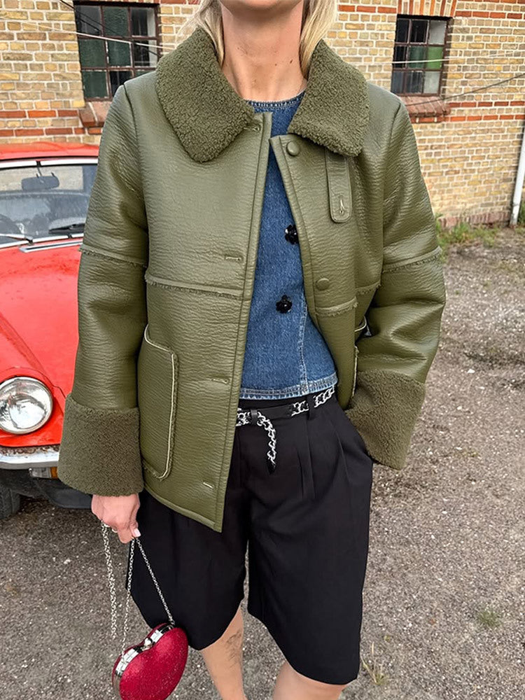 Damen Kunstlederjacke mit flauschigem Kragen und praktischen Taschen Drune