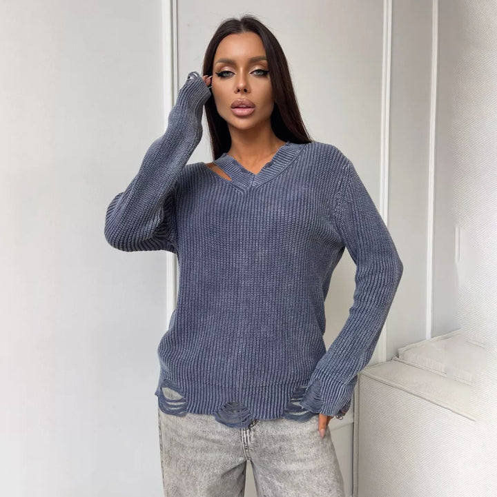 Damen Grobstrickpullover mit trendigem V-Ausschnitt und distressed Elementen Drune