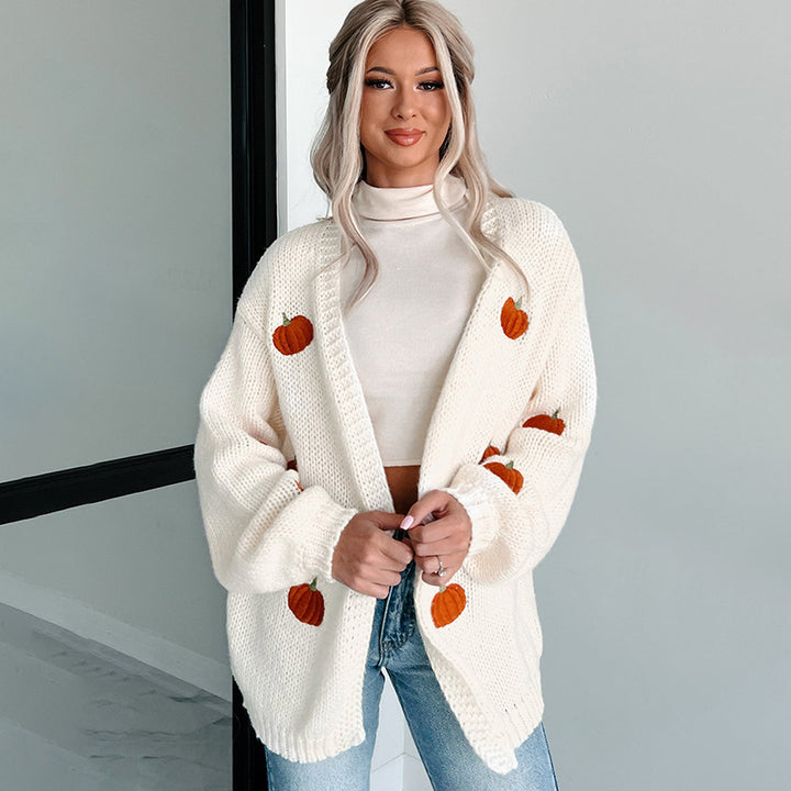 Damen Strickjacke mit herbstlicher Kürbisstickerei Drune