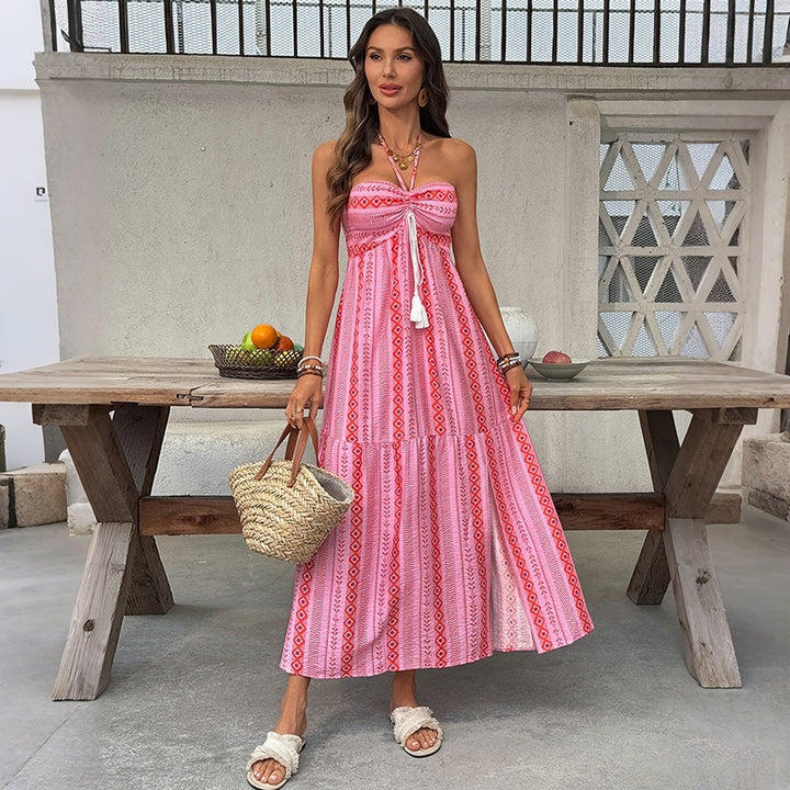 Damen Maxi-Strandkleid mit elastischem Oberteil und verspieltem Muster Drune