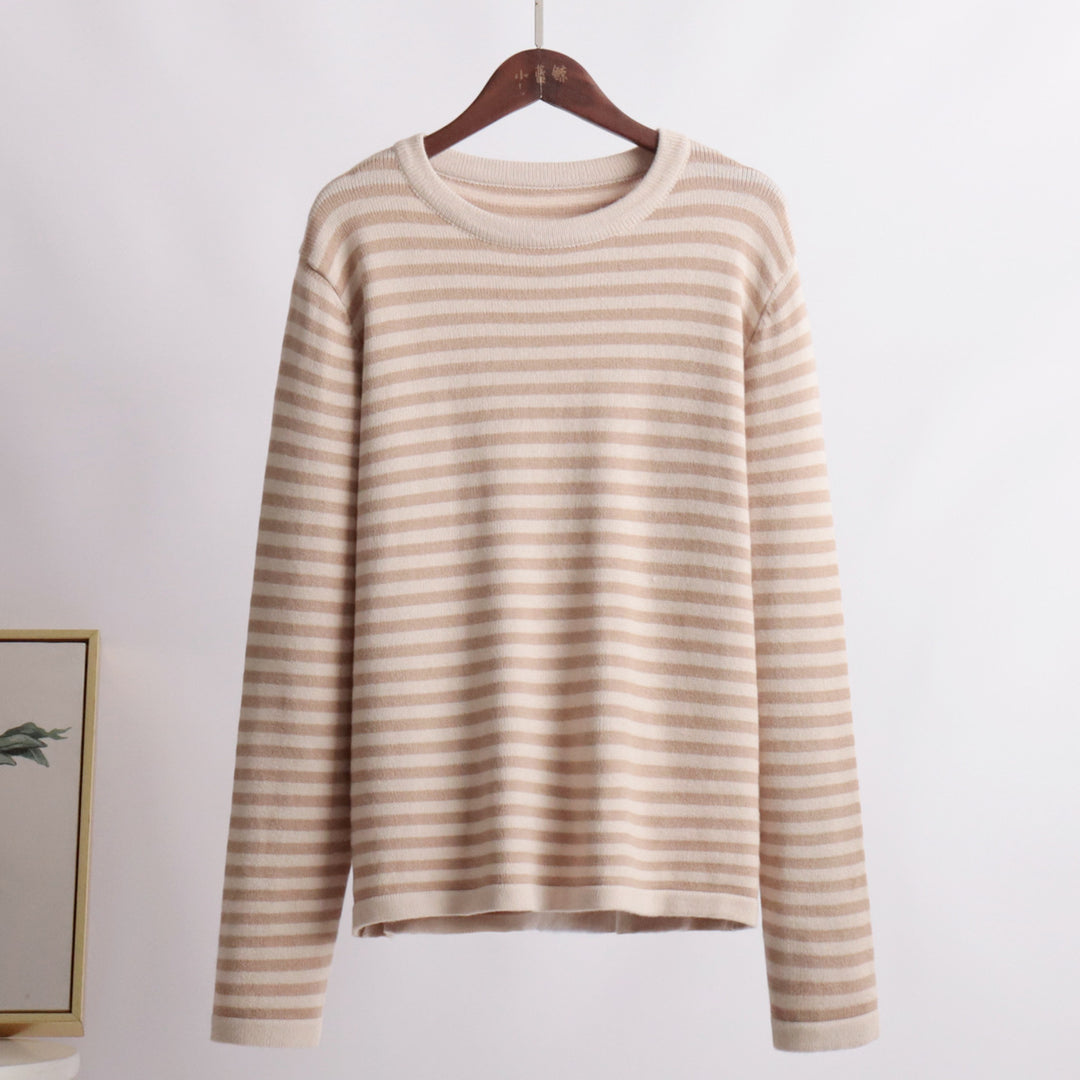 Damen gestreifter Strickpullover mit Rundhalsausschnitt und langem Arm Drune