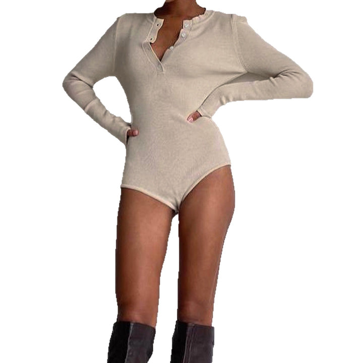 Damen Langarm-Bodysuit mit Knopfleiste und Rippstruktur Drune