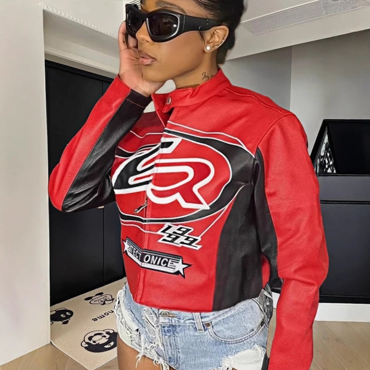 Damen cropped Kunstlederjacke mit kontrastierenden Farbdetails Drune