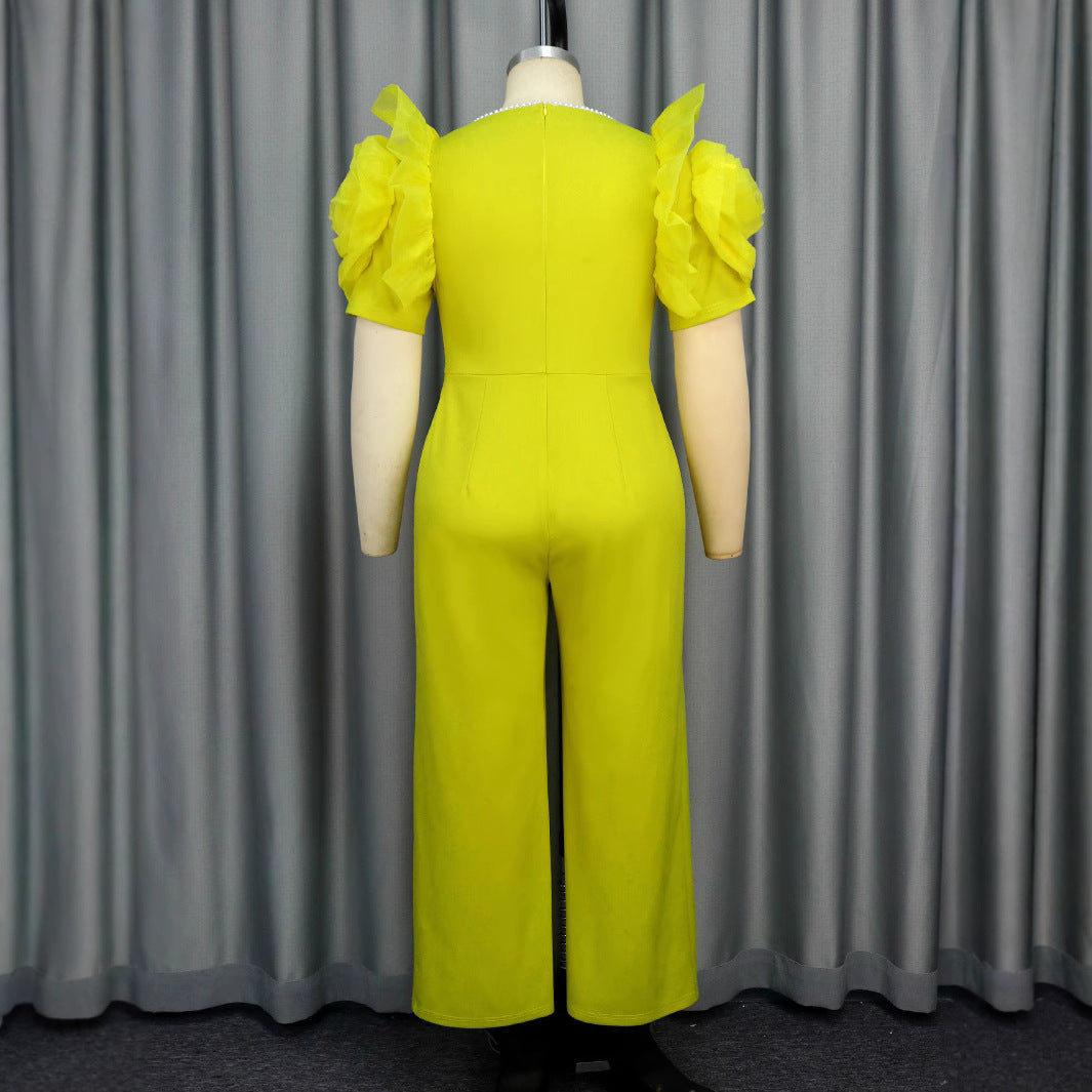 Damen eleganter Jumpsuit mit voluminösen Puffärmeln und Perlenakzent Drune