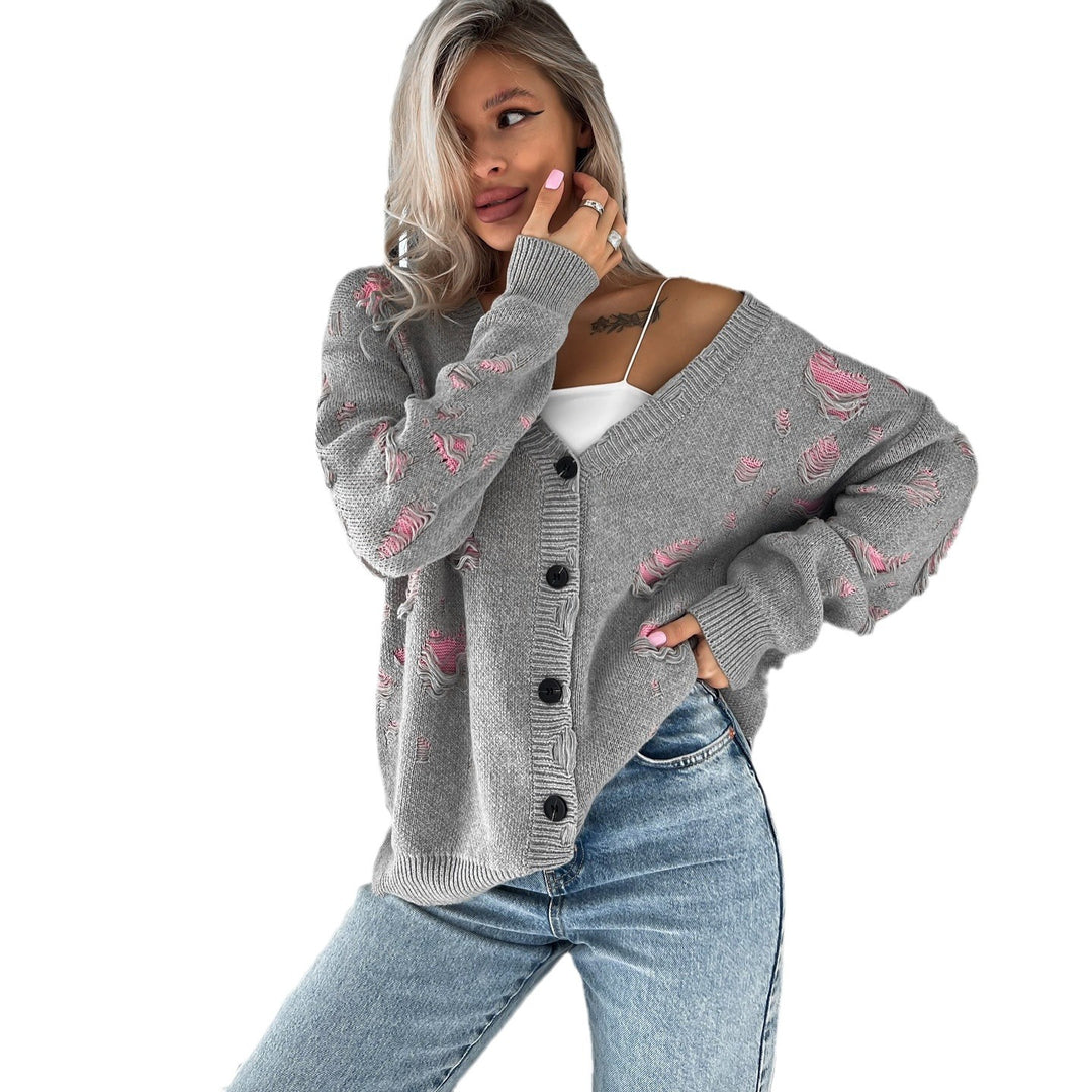 Damen Oversized Strickjacke mit floralem Design und lässigem Schnitt Drune