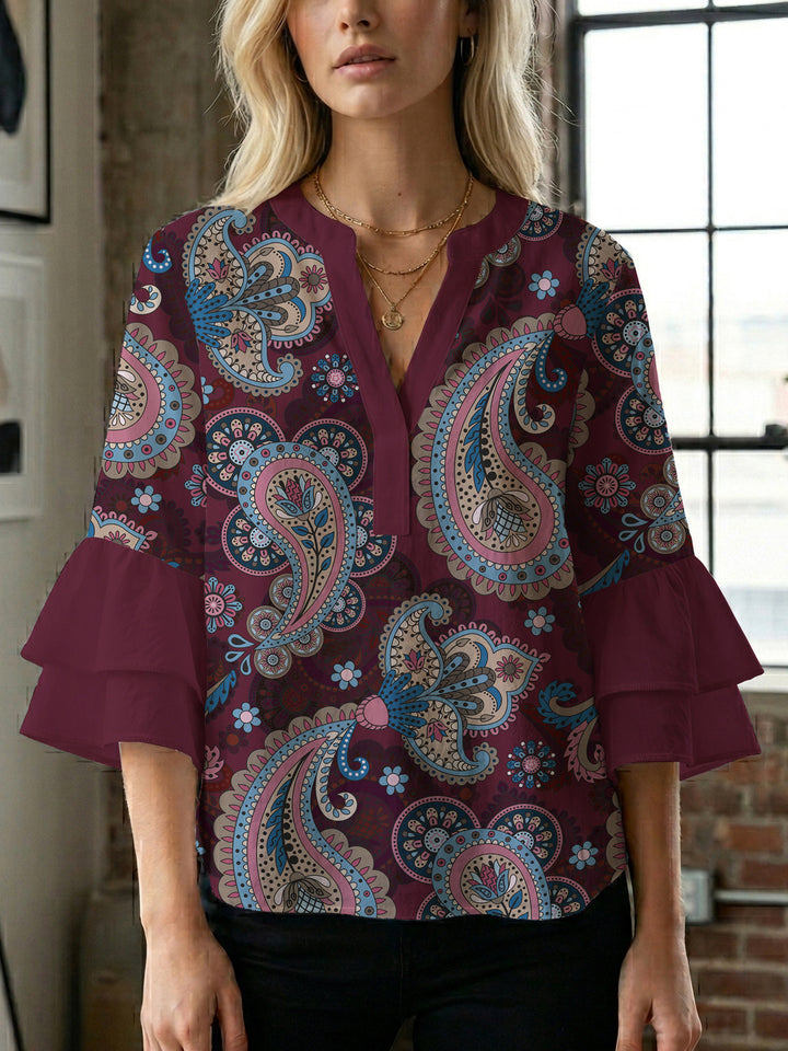 Damen Bluse mit voluminösen Flügelärmel und intensivem Blattmuster Drune