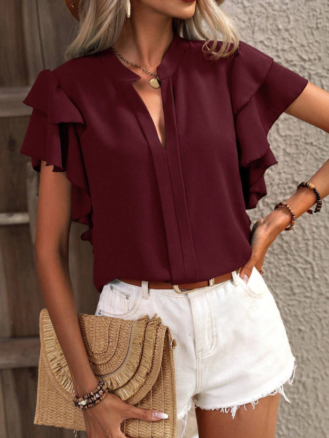 Damen Bluse mit Volants und V-Ausschnitt Drune