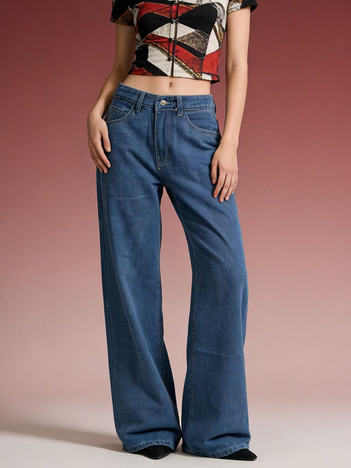 Damen weite Denim-Hose mit Vintage-Waschung und hoch geschnittenem Bund Drune