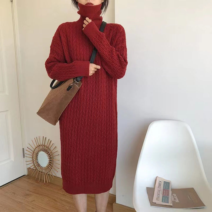 Damen Strickkleid mit strukturiertem Zopfdesign und hohem Kragen Drune