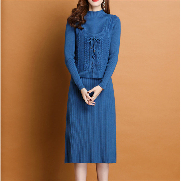 Damen elegantes Strickkleid mit hochgeschlossenem Kragen und dekorativem Zopfdesign Drune