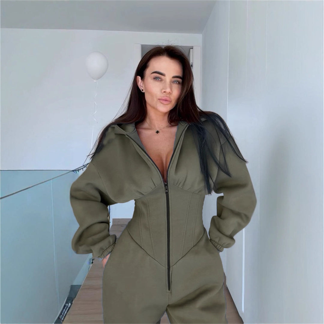 Damen Sportlicher Fleece-Jumpsuit mit hohem Kragen und trendiger Silhouette Drune