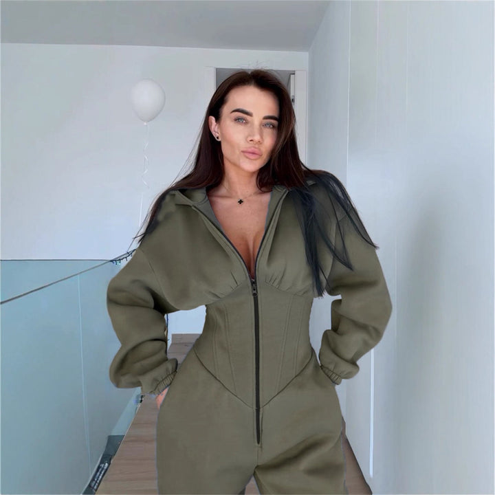 Damen Sportlicher Fleece-Jumpsuit mit hohem Kragen und trendiger Silhouette Drune