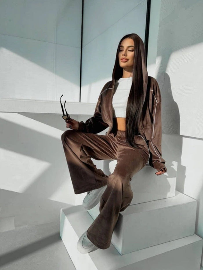 Damen Sportliches Velours-Loungewear-Set mit kurzem Hoodie und weitem Bein Drune