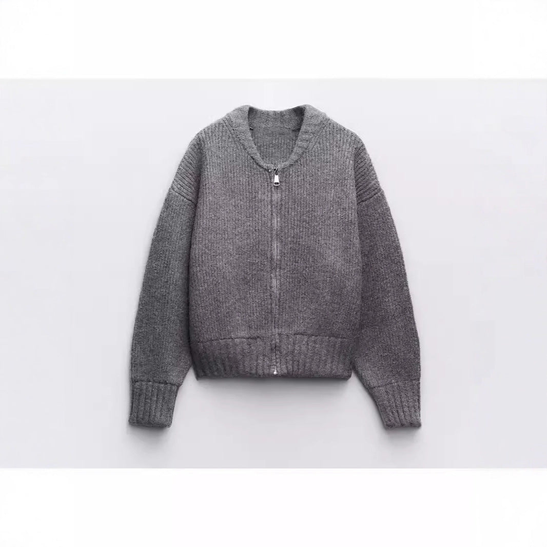 Damen moderne Strickjacke mit voluminösen Ärmeln und Reißverschluss Drune