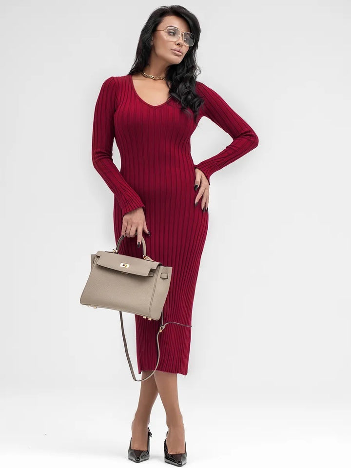 Damen Strickkleid mit tiefem V-Ausschnitt und eleganten Rippdetails Drune