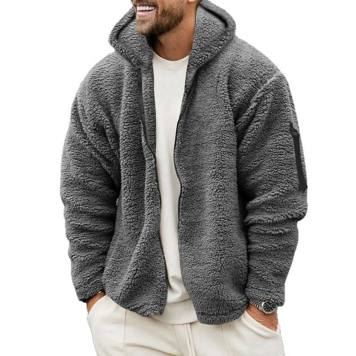 Herren nan Teddy-Fleece Zip-Jacke mit Kapuze, verdecktem Zwei-Wege-Reißverschluss und Ärmeltasche Drune