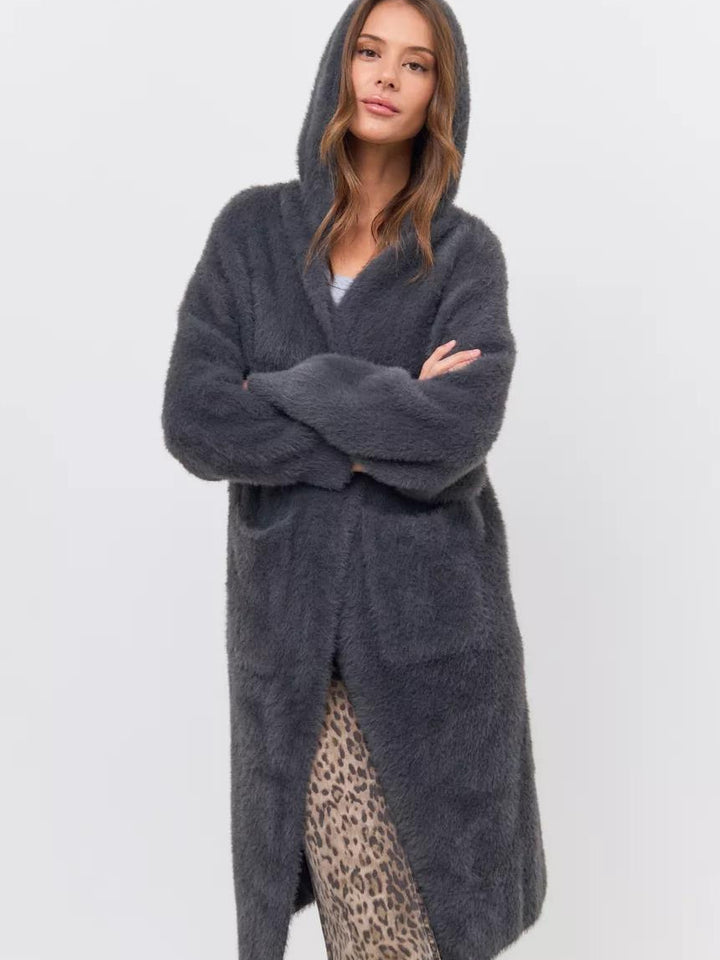 Damen Kapuzen-Strickmantel mit luxuriösem Flauschteil Drune