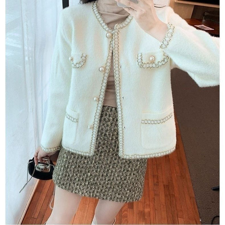 Damen elegante Bouclé-Jacke mit Perlenbesatz Drune