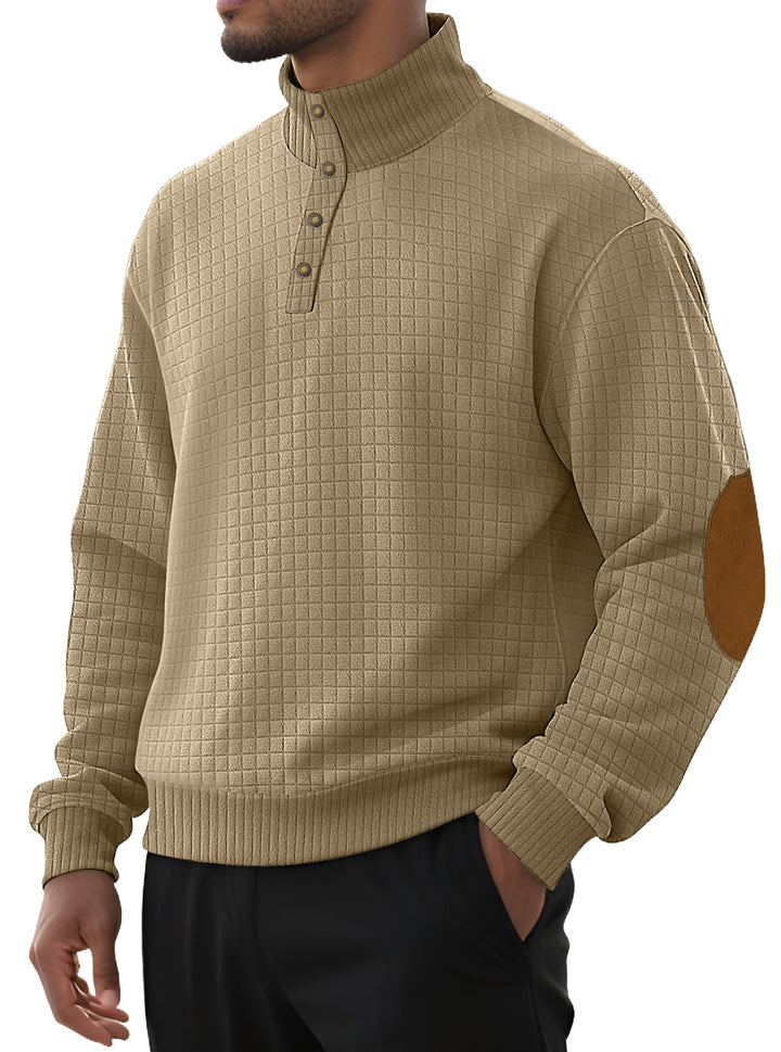Herren nan kariertes Stepp-Sweatshirt mit Henley-Blende hohem Stehkragen und Velours-Ellenbogenpatch Drune