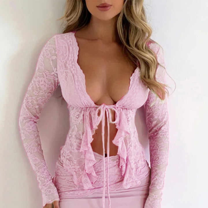 Damen Elegantes Spitzenoberteil mit Rüschendetails und tiefem Ausschnitt Drune