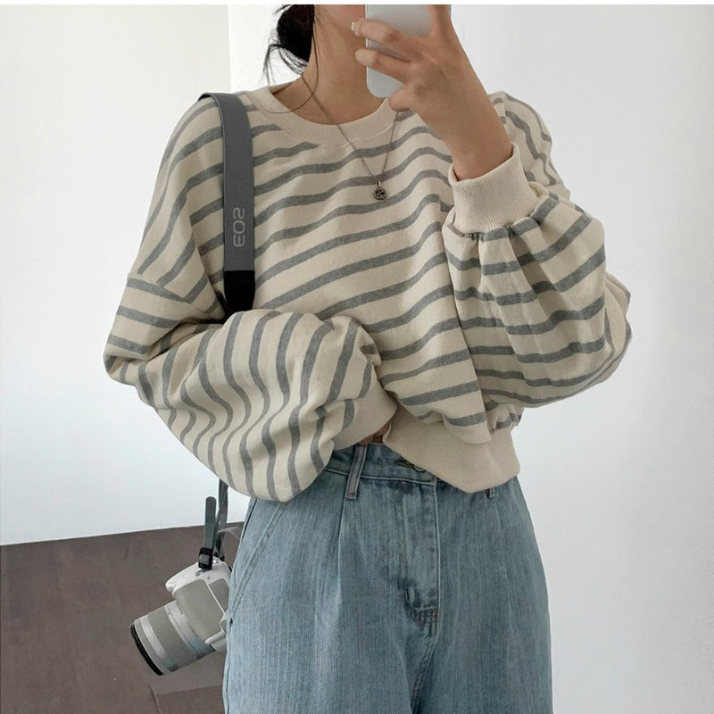 Damen gestreifter lässiger Sweatshirt mit Puffärmeln Drune
