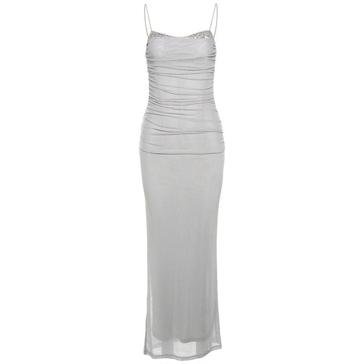 Damen Figurumspielendes Maxikleid mit eleganter Raffungen und Spaghetti-Trägern Drune