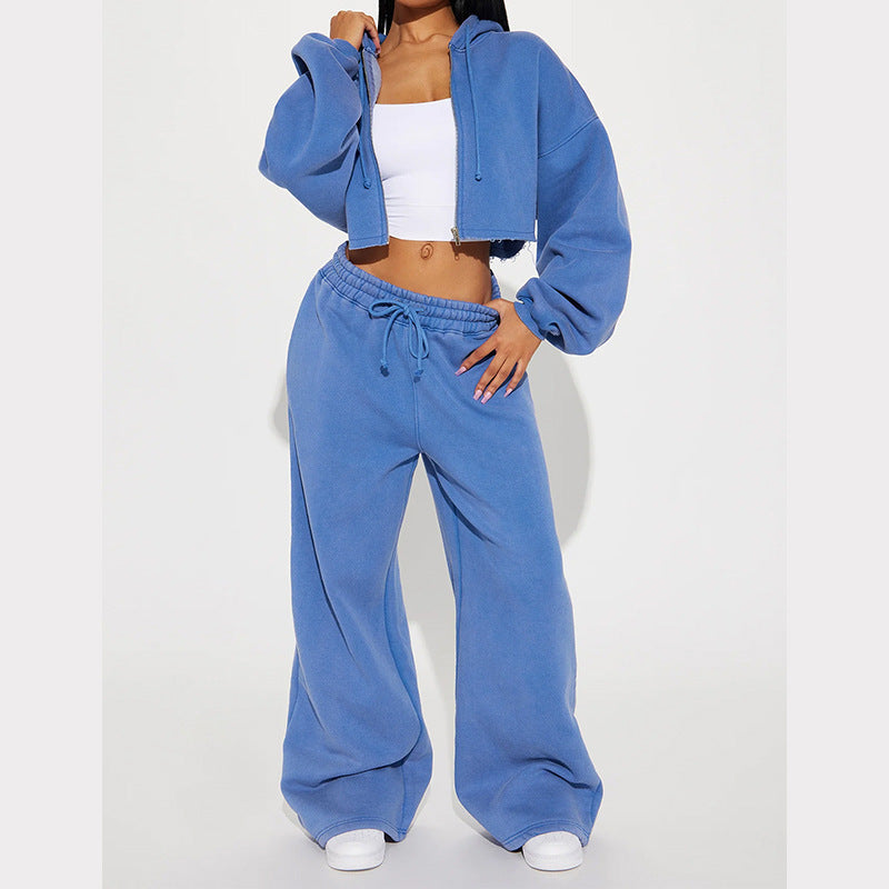 Damen nan Kapuzen-Crop-Top und weite Jogginghose Lounge-Set aus weichem Fleece Drune