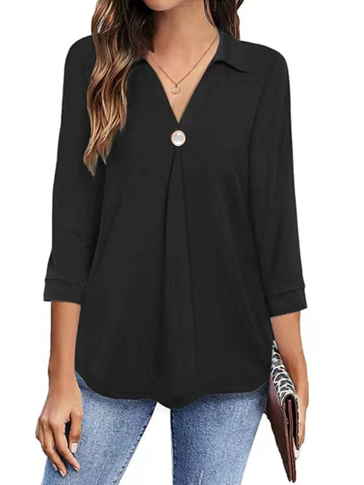 Damen Langarm Bluse mit elegantem V-Ausschnitt und dekorativen Falten Drune