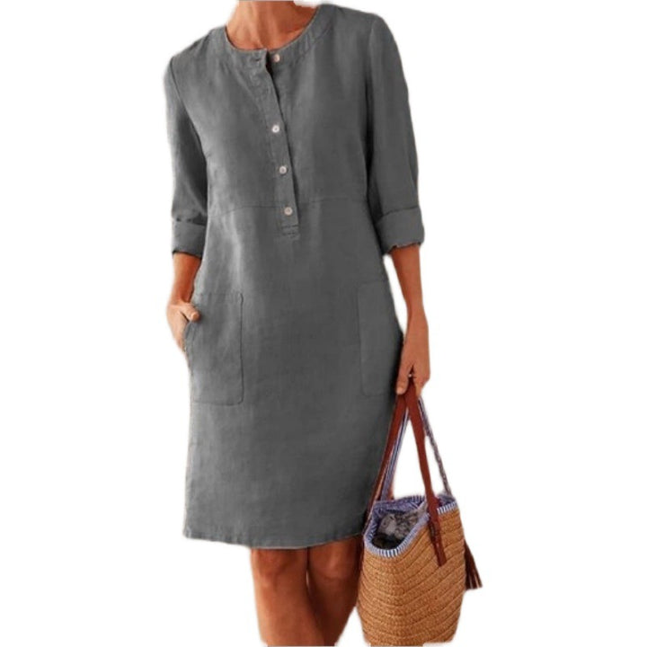Damen Leichtes Leinenkleid mit praktischen Taschen und angesagtem Knopfdesign Drune