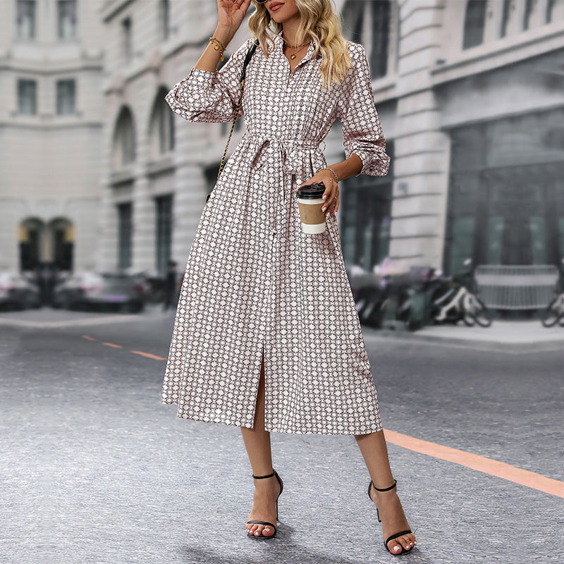Damen Langarm-Hemd-Kleid mit taillierbarem Bindegürtel und modischem Muster Drune