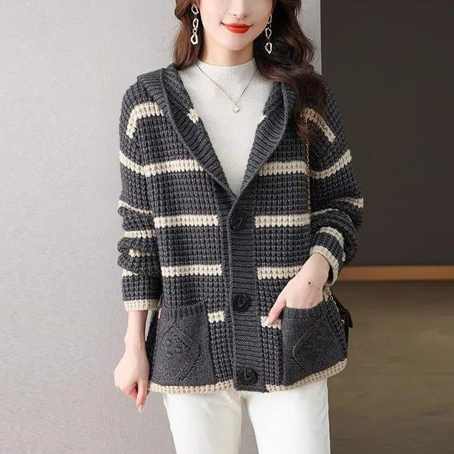 Damen gestreifte Strickjacke mit Kapuze und großen Taschen Drune