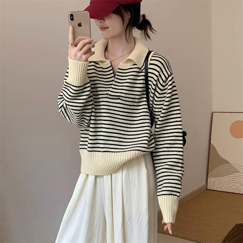 Damen Kuscheliger Strickpullover mit gestreiftem Design und modernem Kragen Drune