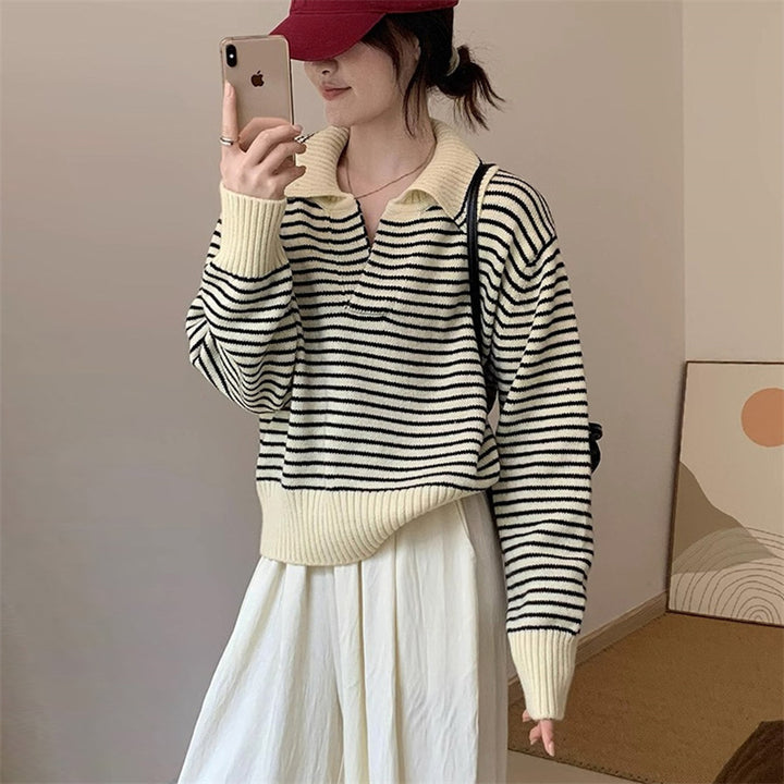Damen Kuscheliger Strickpullover mit gestreiftem Design und modernem Kragen Drune