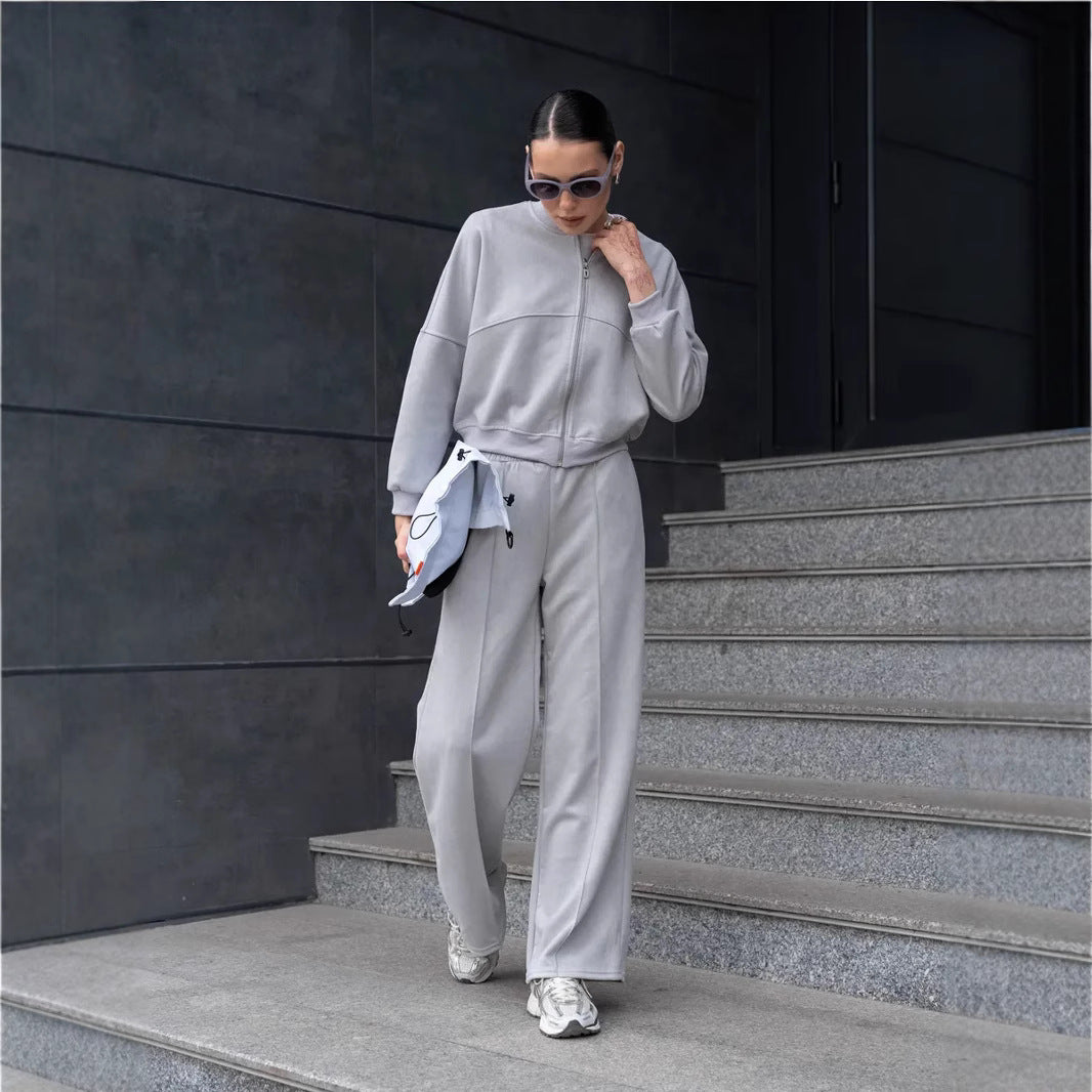 Damen nan zweiteiliges Velours-Loungewear-Set mit kurzem Zip-Hoodie und weiter Highwaist-Hose Drune