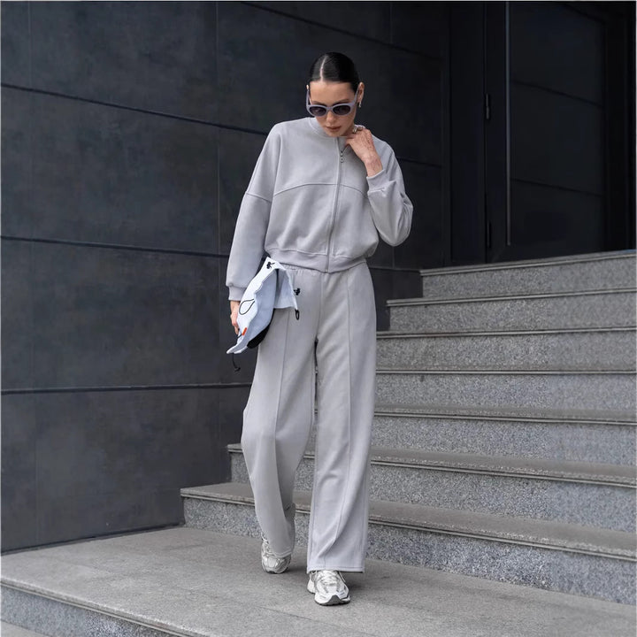 Damen nan zweiteiliges Velours-Loungewear-Set mit kurzem Zip-Hoodie und weiter Highwaist-Hose Drune