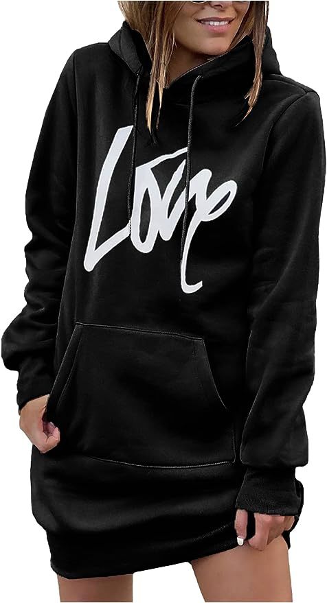 Damen Hoodie-Kleid mit Kängurutasche und auffälligem Schriftzug Drune