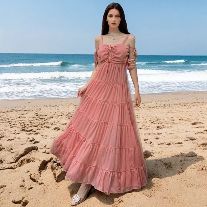 Damen Maxikleid mit rüschendem Design und schulterfreien Trägern Drune