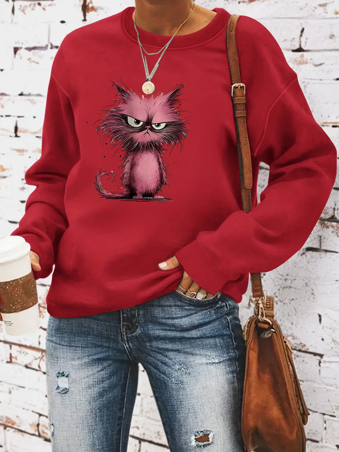 Damen Sweatshirt mit kreativem Katzenmotiv Drune