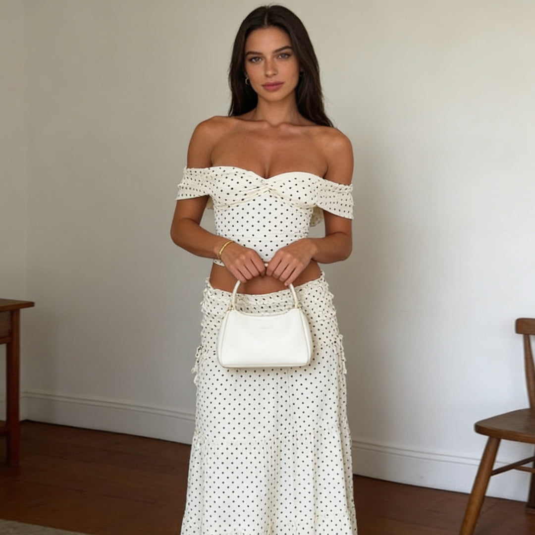 Damen Zweiteiliges Polka-Dots Set mit schulterfreiem Oberteil und schwingendem Rock Drune