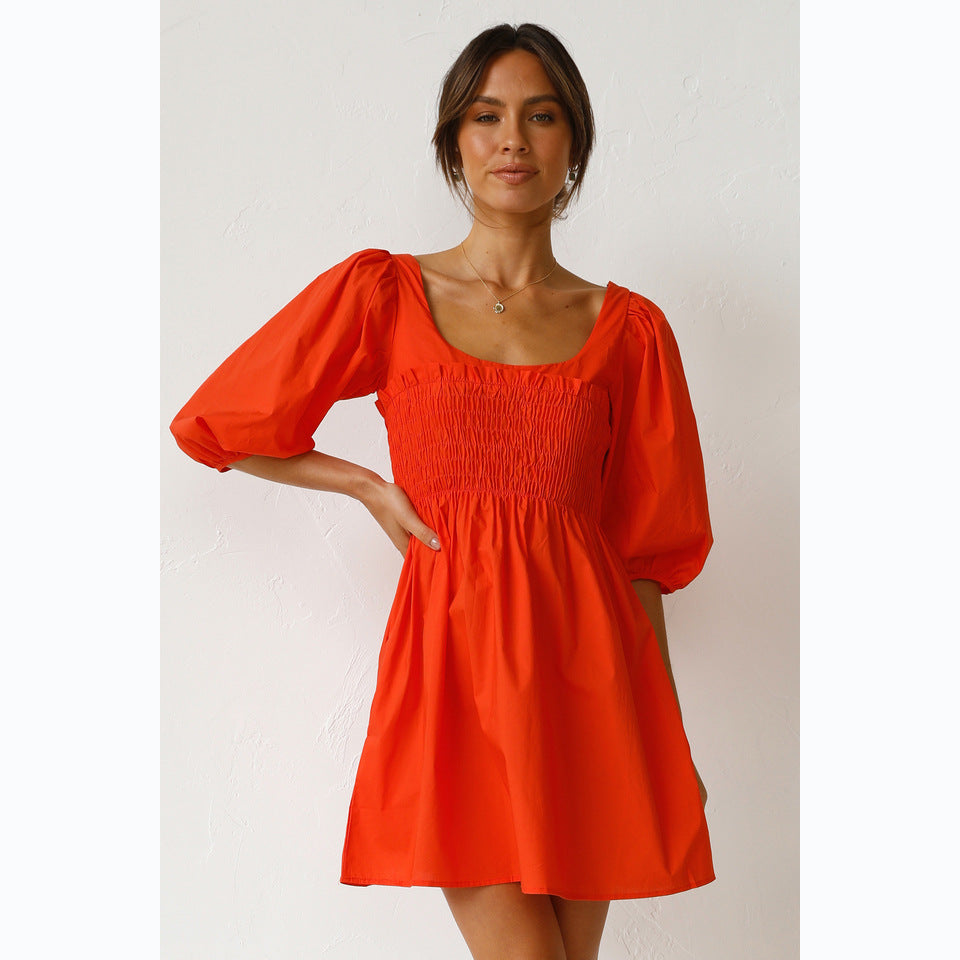 Damen Baumwollkleid mit schmaler Taille und Puffärmeln Drune